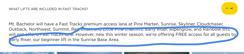 screenshot of announcement stating: However, new this winter season, we're offering FREE access for all guests to Early Riser, our beginner lift in the Sunrise Base Area.