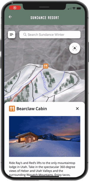 example of a user seeing a map of sundance and exploring details of an on-mountain restaurant