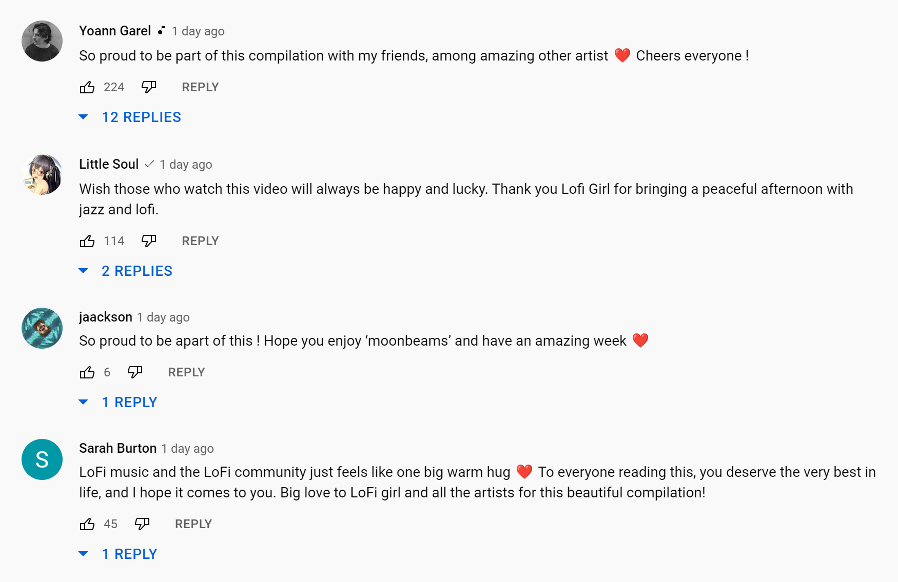 screenshot of positive comments on a chillhop video