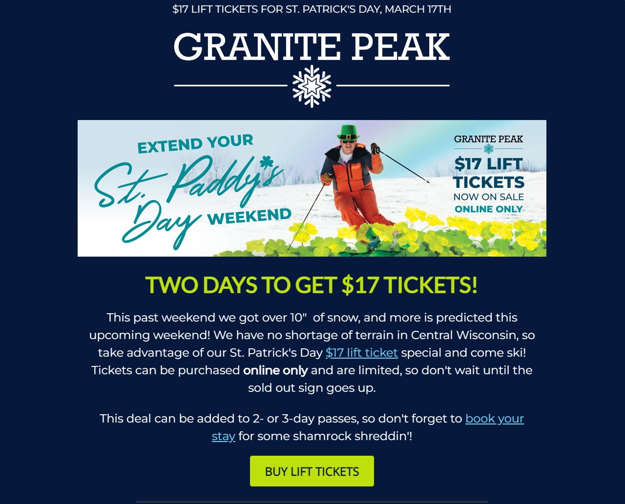 st patricks day email from granite peak