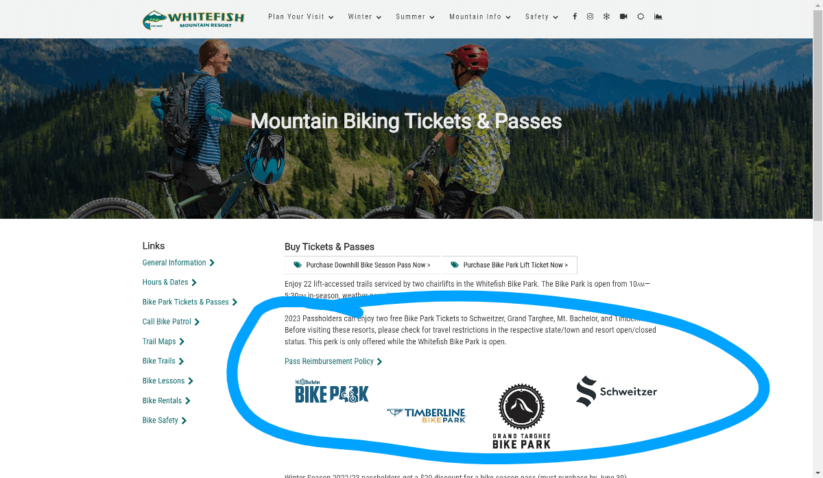 screenshot of whitefish bike park page